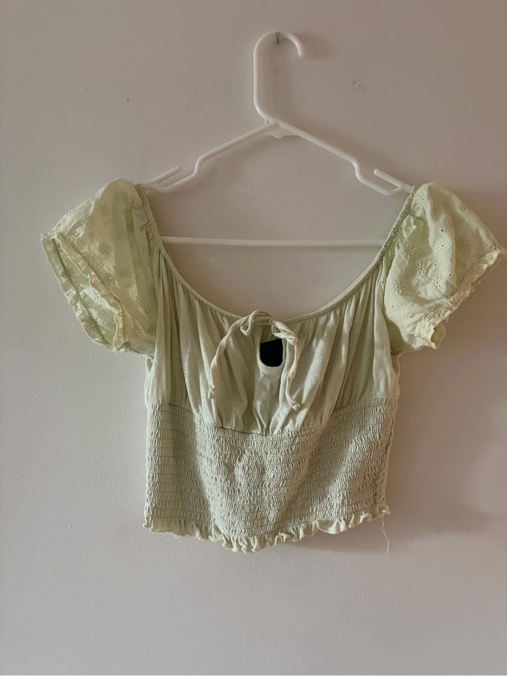Light Green Smocked Tie-Front Crop Top